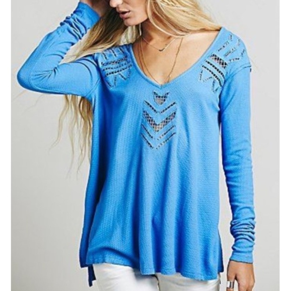 We theโ Free Blue Moonrise Cutout Waffle Knit XS Oversized Boho Flowy Festival